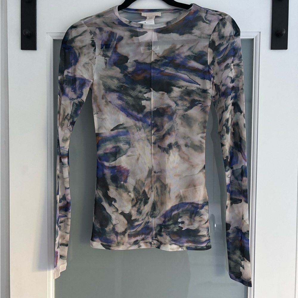 H&M Gray and Purple Fitted Sheer Long Sleeve Blouse